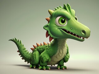 Obraz premium Cute and funny green furry prehistoric monster on a green background. Generative Ai.