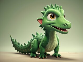 Fototapeta premium Cute and funny green furry prehistoric monster on a green background. Generative Ai.
