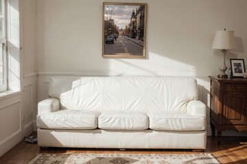 luxury livingroom interior design mockup with white leather furniture and picture frame in a wall. 