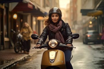 Young woman riding scooter in the city street - obrazy, fototapety, plakaty
