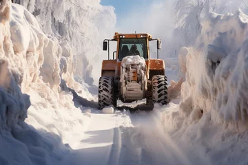 Foto op Canvas Amid the chilly weather, a robust tractor leads a convoy of snow removal vehicles, showcasing a blend of machinery © NS