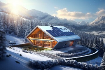 Sustainable house with winter mountain landscape and solar panel roof. Generative AI