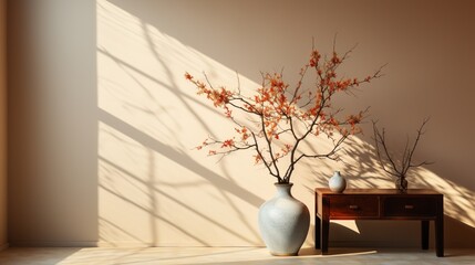 Interior background of a room with a vase with a branch and a door against a beige wall