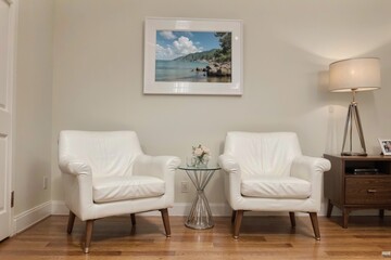 luxury livingroom interior design mockup with white leather furniture and picture frame in a wall. 