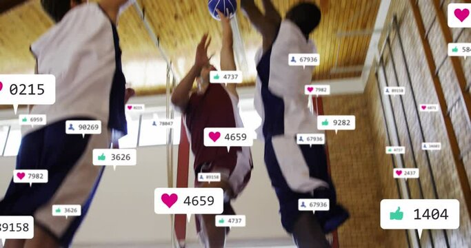 Animation of multiple notification bars over diverse basketball players playing practice match - Powered by Adobe