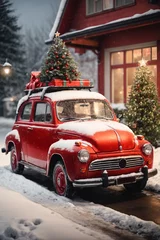 Fotobehang Red retro car with gift box and christmas tree on top in holiday postcard style with snowflakes. Merry christmas and happy new year concept. AI generated © Aisylu