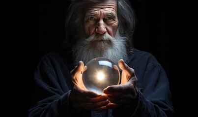 Photo of a man holding a crystal ball in his hands - obrazy, fototapety, plakaty