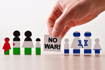 Concept no war Palestine Israel with cutouts and message
