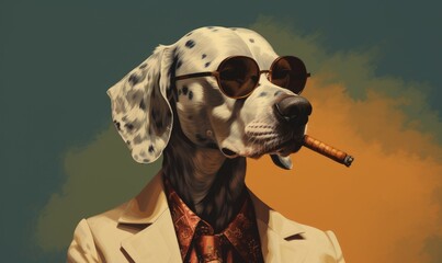Photo of a stylish and rebellious dog rocking sunglasses and a suit while puffing on a cigarette - obrazy, fototapety, plakaty
