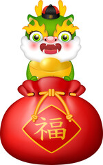 Chinese new year of dragon cute cartoon character holding gold ingot sitting on traditional red money bag. Chinese translation : Blessing