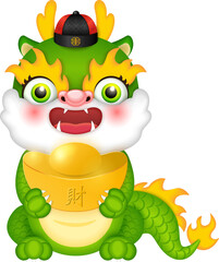 Chinese new year of dragon cute cartoon character holding gold ingot