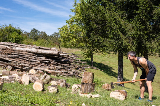person in the forest with a axe, chopping wood, lumberjack 