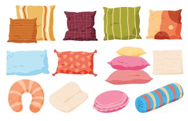 Various pillows. Colored and soft pillows. Resting in bed on the sofa. Warm cozy pillows. Vector illustration