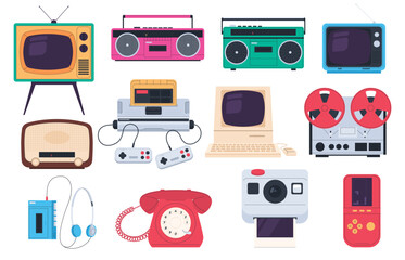 Retro items, TV, computer, music recorders. Devices and gadgets of the 90s. Elements for retro banners. Vector illustration