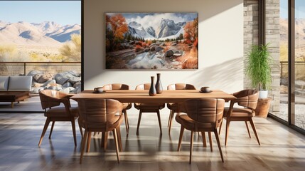Interior design of a modern dining room, dining table and wooden chairs, featuring a poster on the white wall