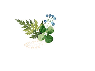 Floral composition with green flowers, green leaves and ferns. Floral illustration. Floral decoration for wedding, invitations, cards, wall art.