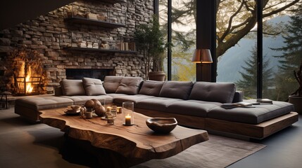 Interior design of a modern living room in a farmhouse with a live-edge wooden coffee table near a...