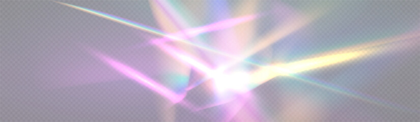 Obrazy na Plexi  Crystal rays of light, prism refraction, lens flare, crystal glass reflection effect. Prism vector, realistic light leak effect with spectral flare. Bright light banner, poster, template.