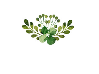 Floral composition with green flowers, green leaves and ferns. Floral illustration. Floral decoration for wedding, invitations, cards, wall art.