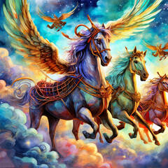Envision a dreamy, celestial parade of winged horses of various sizes and colors, each pulling a chariot filled with mystical beings, as they journey across the sky
