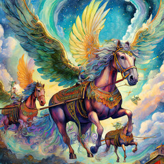 Envision a dreamy, celestial parade of winged horses of various sizes and colors, each pulling a chariot filled with mystical beings, as they journey across the sky