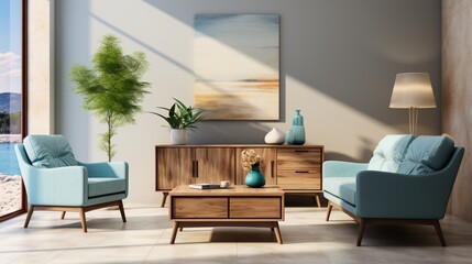 Interior design of a modern living room with blue armchairs, a beige sideboard over a white stucco wall, and contemporary dresser and coffee tables