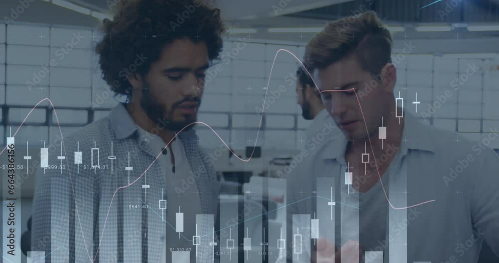 Poster animation of multiple graphs with changing numbers over diverse coworkers discussing in office