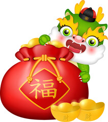 Chinese new year of dragon cute cartoon character holding traditional red money bag full with gold ingot. Chinese translation : Blessing