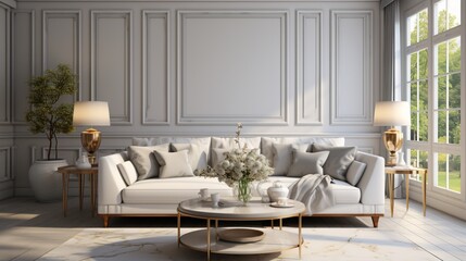 Interior design of modern luxury living room with a cozy white sofa and golden coffee table