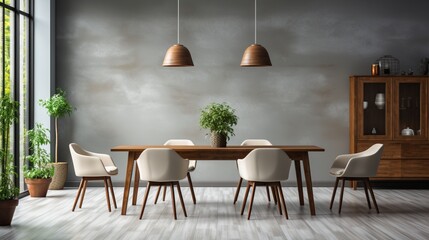 Interior design of modern scandinavian home office with a wooden drawer writing desk and a white chair against a grey wall - obrazy, fototapety, plakaty