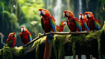 A breathtaking, full ultra HD 8K image of a flock of macaws in the wild, against a lush green jungle background.