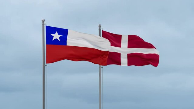 Denmark flag and Chile flag waving together on cloudy sky, endless seamless loop, two country relations concept