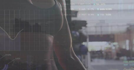 Animation of graphs and trading boards over asian woman doing dumbbells exercise - Powered by Adobe