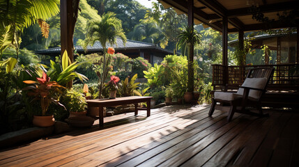 Calm and shady wooden balcony Surrounded by a tropical style garden. AI Generative