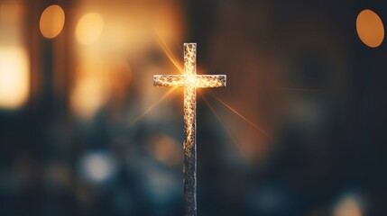 Beautiful gold bokeh background with a christian cross - 664387197