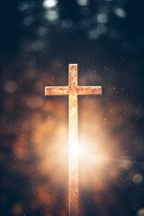 Beautiful gold bokeh background with a christian cross