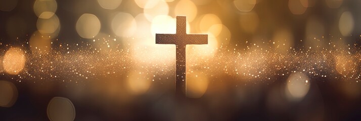 Beautiful gold bokeh background with a christian cross - 664387338