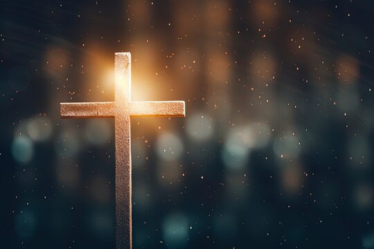 Beautiful gold bokeh background with a christian cross