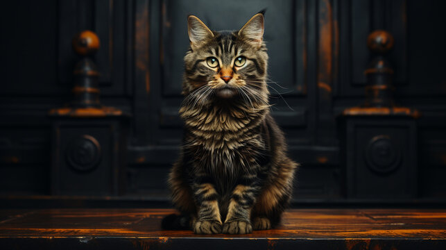 cat standing on black door background. AI Generative