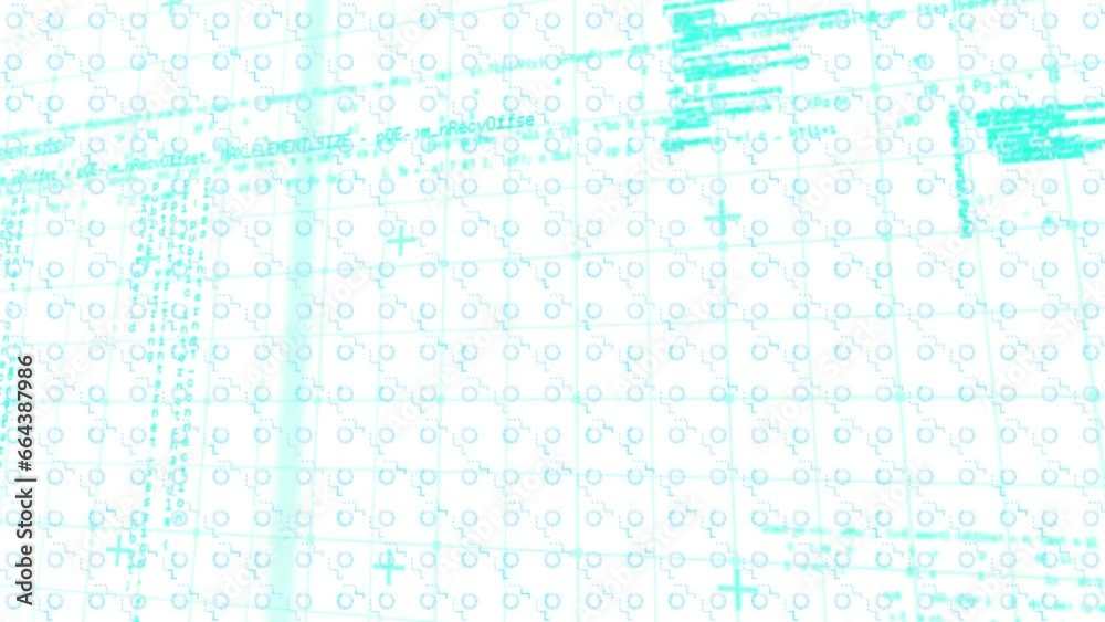 Poster animation of grid pattern, loading circles and computer language against white background