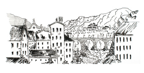 Hand drawing illustration of old town against hill and mountain background.