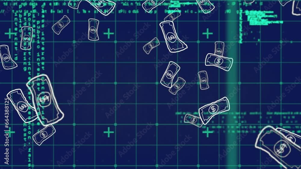 Poster animation of falling drawing of dollar bills and computer language over abstract background