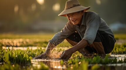 Elderly Asian man harvesting crops 