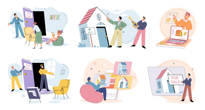Buying and choosing housing. Vector illustration The choice between renting and buying depended on personal preferences The vector illustration depicted different types houses The estate agent guided