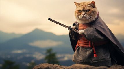 funny fat cat wearing samurai uniforms, blur Fuji montain, japan background. AI Generative - obrazy, fototapety, plakaty