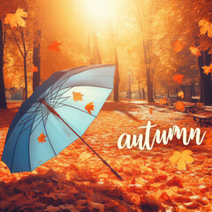 blue colored umbrella and carpet of orange fallen autumn leaves in the park, autumn celebration, Landscape concept, generative ai	