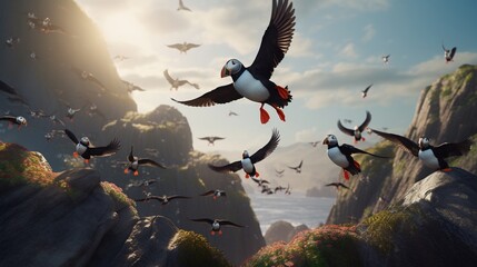 A group of Atlantic puffins gathered on a rocky beach, with one puffin mid-flight, all in - obrazy, fototapety, plakaty