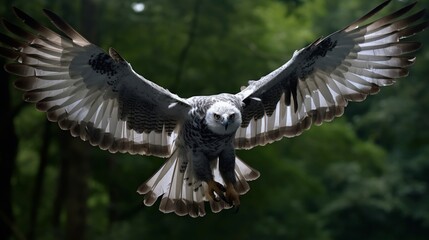 A harpy eagle in mid-flight, captured in incredible detail, displaying its wingspan and feathers in their full glory.