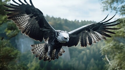 A harpy eagle in mid-flight, captured in incredible detail, displaying its wingspan and feathers in their full glory. - obrazy, fototapety, plakaty