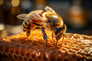 A queen bee works with wax in the honeycomb making organic honey for cosmetics and medicine. A bee with pollen in the hive cell - obrazy, fototapety, plakaty